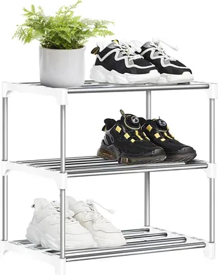Image de Étagère à chaussures blanche à 3 niveaux, empilable, cadre métallique, 44x28x35 cm