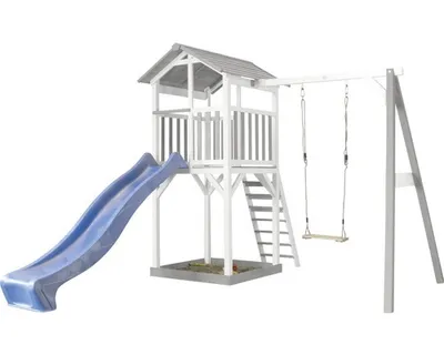 Produktbild von AXI Beach Tower Spielturm aus Holz in Weiß & Grau | Spielhaus für Kinder mit blauer Rutsche, Schaukel und Sandkasten | Stelzenhaus für den Garten