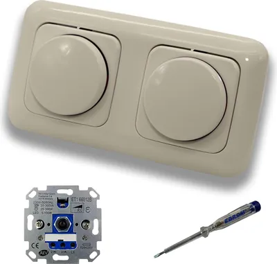 Produktbild von REV Ritter (2 Stück) LED Drehdimmer Dimmer + Busch Jäger Dimmerscheiben 2115-212 in DURO2000 cremeweiß glänzend im 2-fach Rahmen inkl. EBROM Phasenprüfer zur Montage der Geräte ET1 66012B