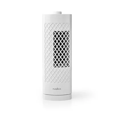 A white tower fan on a white background.