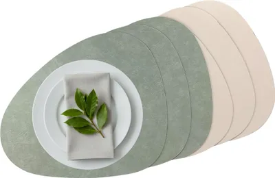 Produktbild von Platzset 6er Set, 2in1 Wende-Tischunterlage Kunstleder oval, Platzdeckchen 40x31cm Nierenform (salbei/beige)