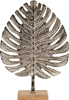 Produktbild von Skulptur Dekofigur Blatt aus Metall silber auf Holzsockel stehend 23x32 cm