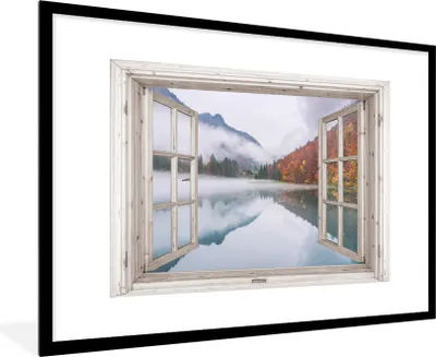 Produktbild von MuchoWow® Gerahmtes Poster Aussicht - Herbst - Wasser 90x60 cm - Poster mit Schwarzem Bilderrahmen Wandposter Rahmen Foto Bilder - Wanddekoration - Fotos