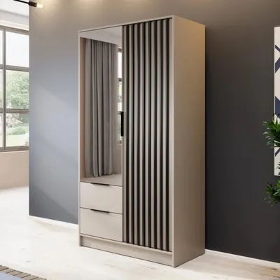 Obrázek produktu pro Šatní skříň Stilo kašmírová béžová se zrcadlem a lamelami - 105 cm, 2 dveře, 2 zásuvky, Trend