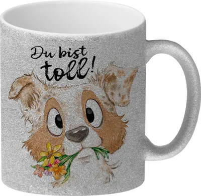 Produktbild von Hund Glitzer-Kaffeebecher mit Spruch Du bist toll