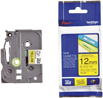 Immagine prodotto di Brother - Nero, giallo - Rotolo (1,2 cm) 1 cassetta/e nastro laminato - per P-Touch PT-1010, 1080, 1090, 1230, 1290, 18, 2030, 2730, 3600, 7100, 9700, 9800, PT-GL-200 (TZ631)