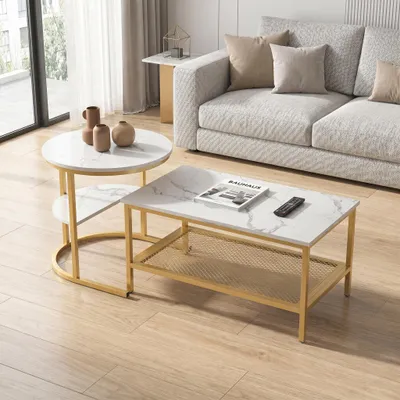 Image de INONEFT, lot de 2 tables d'appoint, aspect marbre avec cadre métallique et étagère, table de salon, table basse pour salon (blanc + doré)