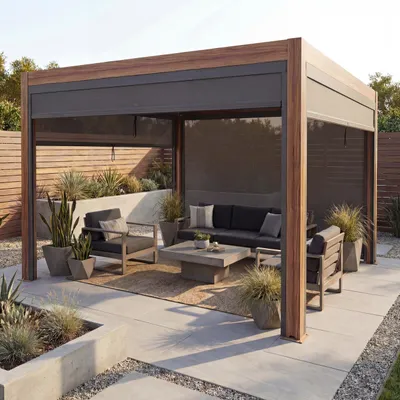 Produktbild von Pergola MCW-L46 mit Seitenwand, Lamellen-Pavillon Rollo, 10cm-Alu-Gestell, sturmfest 3x4m  Gestell Holzoptik, anthrazit