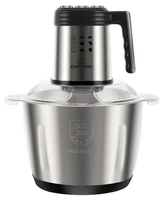 A stainless steel food processor with a clear lid, shown from the front.