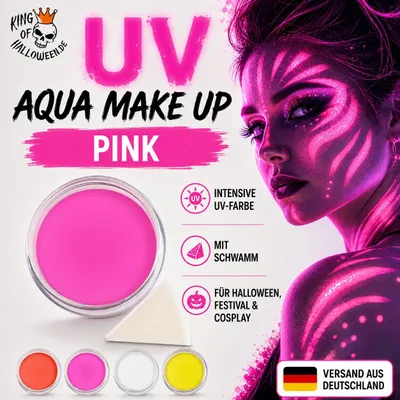 Produktbild von Premium Aquaschminke UV Pink 14 g mit passendem Schminkschwamm – wasseraktivierbare Gesichtsfarbe mit hoher Deckkraft für Halloween Make-up, Karneval, Fasching, Cosplay, Theater, Bühne, Gothic Look, Totenkopf, Skelett, Zombie, Hexe, Vampir, Teufel, Horror