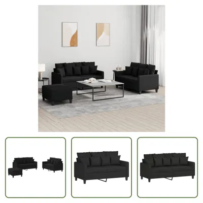Produktbild von The Living Store 3-tlg. Sofagarnitur mit Kissen Schwarz Stoff