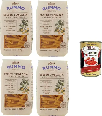 Produktbild von Rummo Penne Rigate N°66 Glutenfreie Pasta mit toskanischen Kichererbsen und braunem Reis 4x 300gr + Italian Gourmet polpa 400g