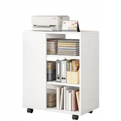 A white rolling cabinet with shelves filled with books and binders, and a printer on top.