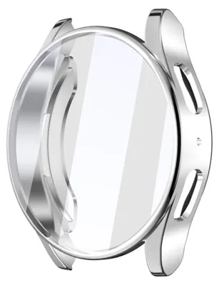 A clear product shot of a silver and clear smartwatch case on a white background.
