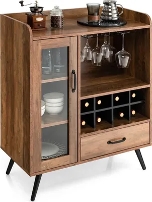 Produktbild von KOMFOTTEU Weinschrank mit Glashaltern & Weinregal, Barschrank Vintage mit Glastür & Schublade, Aufbewahrungsschrank Holz, weinständer 80 x 40 x 95 cm für Küche, Esszimmer, Bar