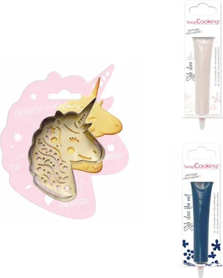 Produktbild von Einhorn-Relief-Plätzchen-Set + 2 weiße und nachtblaue Schokoladenstifte