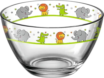 Produktbild von Leonardo Bambini Glas-Schalen 6er Set, Kinder-Schälchen aus Glas mit Tier-Motiven, Löwe, Krokodil, Elefant, spülmaschinengeeignete Schüsseln, Ø 12 cm, bunt, 400 ml, 017887