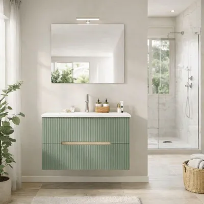 Produktbild von Hängendes Badmöbel 80cm Eiche Eis & Salbeigrün, 2 Schubladen gerillte Front, Keramikwaschbecken, Modernes Design, Vormontiert | Magnolia