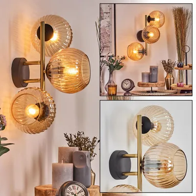 Produktbild von Cesaro Wandlampe aus Metall/Riffelglas in Schwarz/Gold/Bernstein