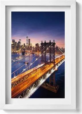 Produktbild von New York - Sonnenuntergang über Manhattan– Wandbild mit Rahmen – Gerahmtes Bild  – Wanddekoration – 20x30 cm – Weiß