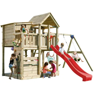 Produktbild von Spielturmking Spielturm PALAZZO mit Rutsche + Doppelschaukel - Rot DH765