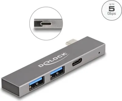 Produktbild von DeLOCK 3 Port Slim USB Hub mit USB Type-C zu 1 x USB 5 Gbps USB Type-C + 2 x USB 5 Gbps Typ-A, Andocken, USB 3.2 Gen 1 (3.1 Gen 1) Type-C, Grau, 5 Gbit/s, Metall, China