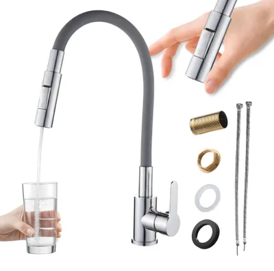 Produktbild von Granitan | RENO - Küchenarmatur - Flexibler Auslauf - Grau, Chrom - Messing - Keramikkopf