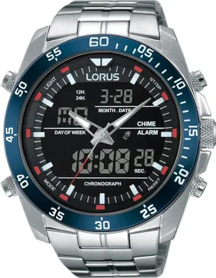 A close-up studio shot of a Lorus analog-digital men's watch.