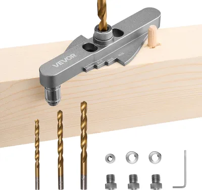 Produktbild von VEVOR Dübellehren-Set selbstzentrierende Dübelbohrlehre Bohrschablone für gerade Löcher, mit Bohrersatz 6,4/7,9/9,5 mm und Bohrer-Anschlagringsatz, Holzbearbeitungswerkzeuge zum Bohren, Markieren