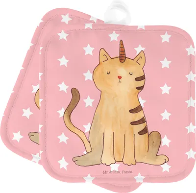 Produktbild von Mr. & Mrs. Panda 2er Set Topflappen  Einhorn Katze - Rot Pastell - Geschenk, Kochlappen, Mieze, Unicorn, topfhalter, Glitzer, Regenbogen, Topfuntersetzer