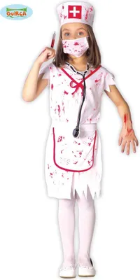 Produktbild von Zombie Krankenschwester Kinder Haube Maske Kleid Schürze, Größe: 5 - 6 Jahre Farbe: Weiß