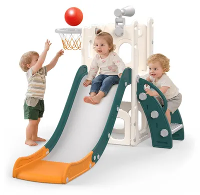 Imagen del producto de Tobogán infantil 5 en 1 con aro de baloncesto, espacio de almacenamiento, estructura telescópica, color verde, para uso en interiores y exteriores