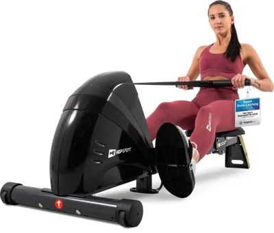 Produktbild von Hop-Sport Rudergerät für Zuhause Boost Gold – Rudergerät klappbar mit Computer & Magnetbremssystem, 10 Stufen - Rudermaschine max. Nutzergewicht 120kg