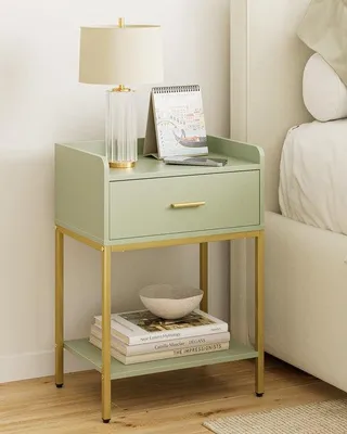 Produktbild von Nachtisch mit 3 Ebenen - Modernes Grün Nachtschrank mit Ladefach und Holzplatte - Kleine Tisch für Schlafzimmer und Wohnzimmer