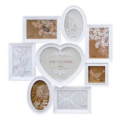 A collage of white photo frames arranged in a heart shape and other geometric shapes, displaying various decorative inserts.