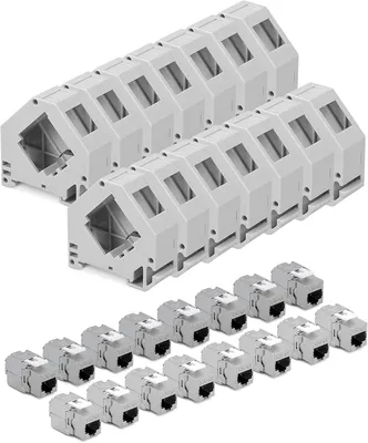 Produktbild von kwmobile Keystone Modul Set CAT 6A mit Hutschienenadapter - 16x Keystone RJ45 Buchse geschirmt + 16x Halter für DIN Hutschiene - werkzeuglose