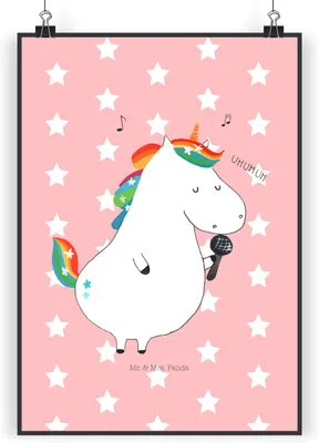 Produktbild von Mr. & Mrs. Panda Bild Einhorn Sänger DIN A3 - Rot Pastell - Geschenk, Disco, wanddeko, Kunstdruck, drucke, Geburtstag, Sängerin, Unicorn, Party, Plakat, Wandbild