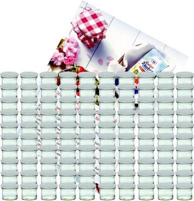 Produktbild von 100er Set Sturzglas 125 ml To 66 weißer Deckel incl. Diamant-Zucker Gelierzauber Rezeptheft