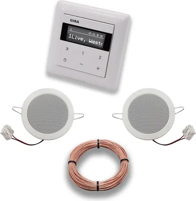 Produktbild von Gira Unterputz IP Internetradio 232003 + Bluetooth Komplett-Set, System 55 reinweiß glänzend + 2 x Deckenlautsprecher/Einbaulautsprecher + 20 Meter Lautsprecherkabel 2x0,75 mm