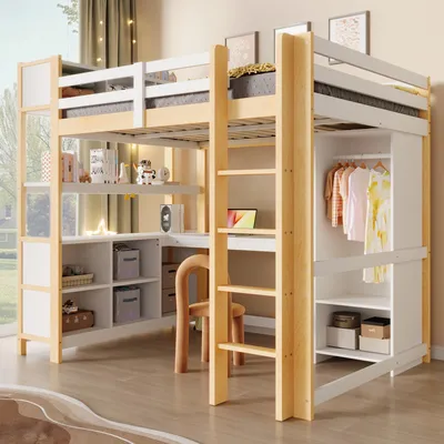 Produktbild von Merax Etagenbett Hochbett 140x200 cm mit Schreibtisch, Bücherregalen, Kleiderstange, Ablagefach, Regale, Kinderbett, Stockbett, Jugendbett, Natur