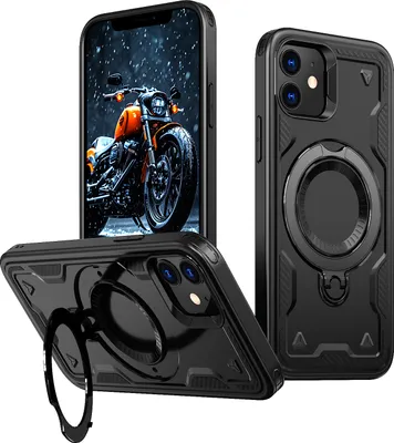 Immagine prodotto di Custodia a doppio strato per iPhone 12/iPhone 12 Pro, custodia protettiva militare magnetica con anello in metallo e supporto Nero
