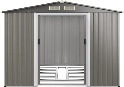 Produktbild von Gerätehaus Metall, Gartenhaus mit Fundament & Satteldach, Geräteschuppen mit 2 Schiebetüren & 4 Lüftungsfenstern, Garten Schuppen Outdoor, 246 × 193 × 181 cm, Grau