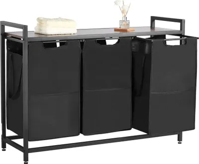 Obrázok produktu pre Zberný kôš na špinavú bielizeň s drevenou doskou a 3 vrecami z tkaniny 600D Oxford - Triedič bielizne s kovovým rámom - Triediaci systém na špinavú bielizeň kúpeľňa čierna