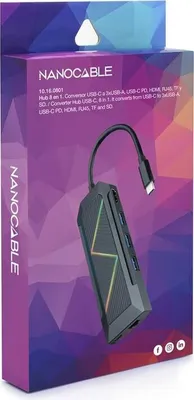 Produktbild von Nanocable 10.16.0801, Kabelgebunden, USB 3.2 Gen 1 (3.1 Gen 1) Type-C, 100 W, 10,100,1000 Mbit/s, Schwarz, MMC, MicroSD (TransFlash), MicroSDHC, MicroSDXC, RS-MMC, SD, SDHC, SDXC