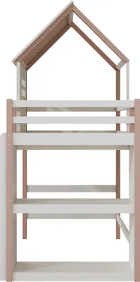 A side view of a bunk bed with a house-shaped top.