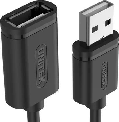 A close-up studio shot of two black USB extension adapters.