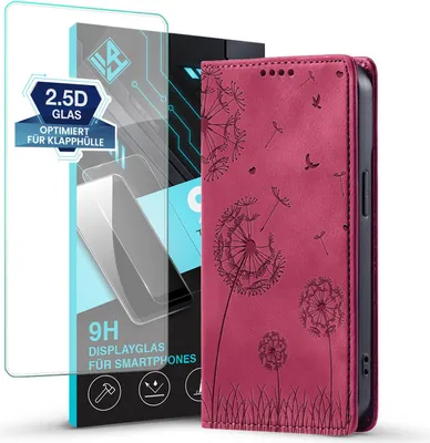 Produktbild von Handyhülle für Xiaomi Redmi Note 15 Pro 5G RFID Schutz Klapphülle Case Cover Design Blume Pusteblume Schutzhülle mit 9H Displayglas Farbe: Magenta