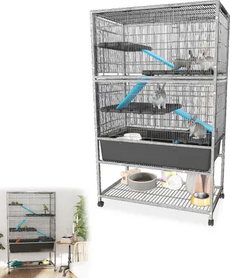 Produktbild von UISEBRT Mobiler Kleintierkäfig Kaninchenstall für Außen, Zweistöckig, 88x48x150cm, Mit Klettermöglichkeiten und Schubladenwanne
