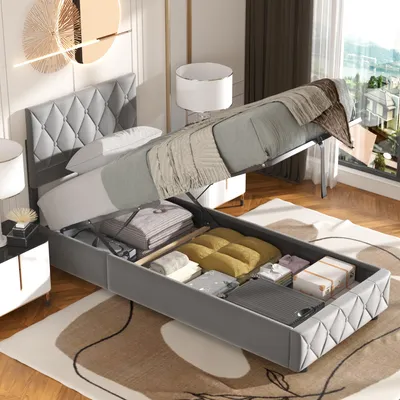 Produktbild von MODFU Boxspringbett 90x200 mit Matratze,Kopfteil, Hydraulisches Polsterbett Jugendbett mit Lattenrost und Metallrahmen, Stauraumbett Bettgestell mit Bettkasten,Hellgrau