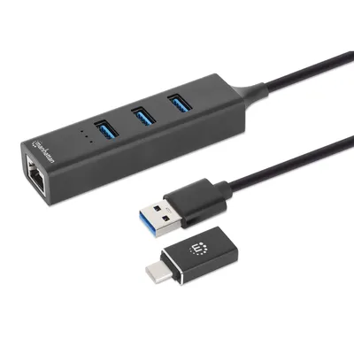 Produktbild von MANHATTAN 3-Port USB 3.0 Typ-C/A Kombo-Hub + Netzwerkadapter